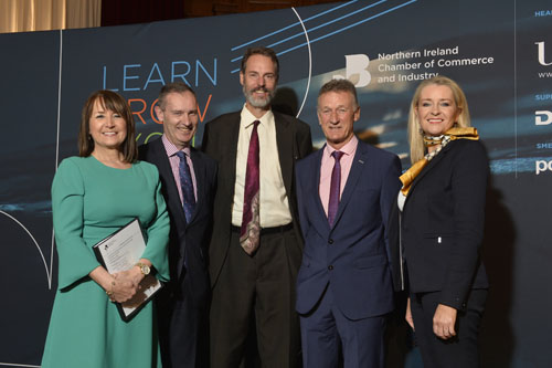 Image Left-right: Ann McGregor - Chief Executive of NI Chamber, Nicky Coburn - NI Chamber President & Managing Director at Ulster Carpets, Steve Sarowitz - Founder & CEO of Paylocity & Director at Payescape, Marshall Boyd - Regional Director of NI DSV Air & Sea and Shauna Burns - Commercial & Stragegy Director at Beyond Business Travel